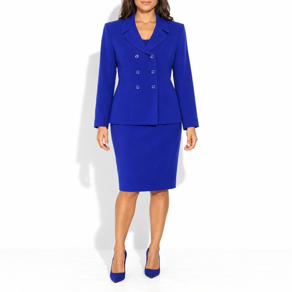 Le Suit Cobalt Blue Skirt Suit Womens 8P Double Breasted Blazer Pencil Skirt